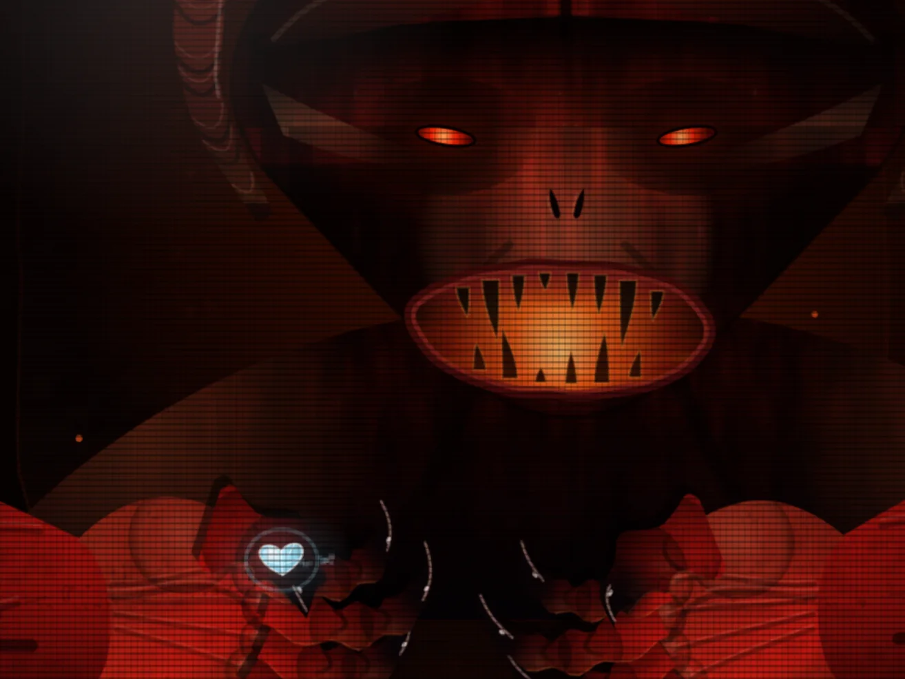 The Devil glares down with glowing eyes and a mouth of fire; the player's glass heart waits below his claws.