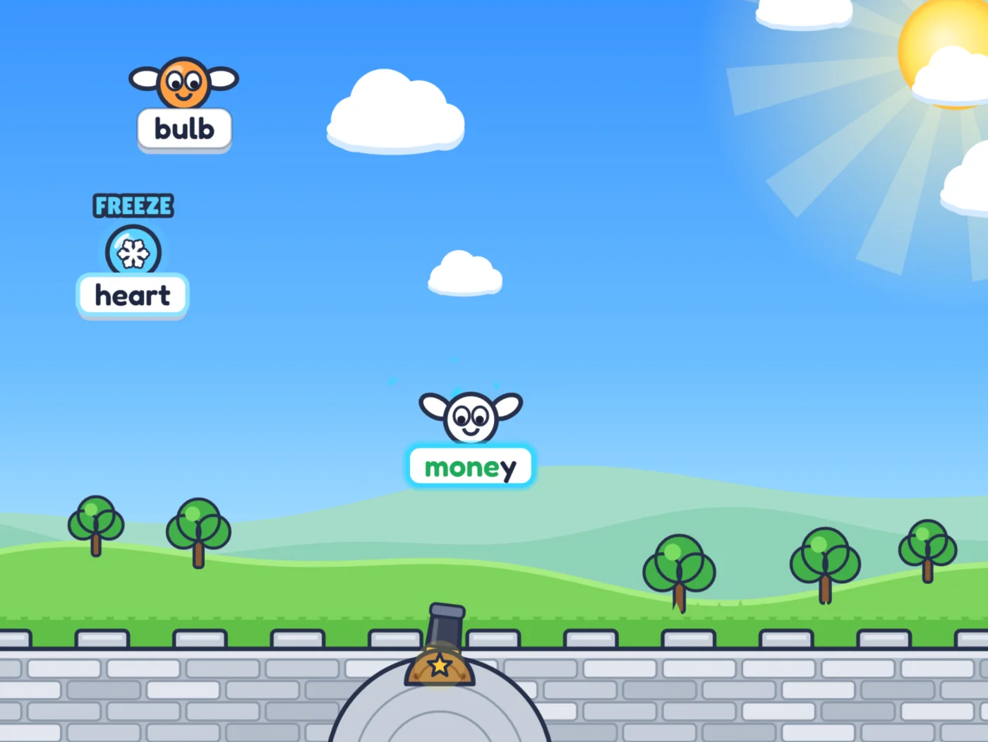 Arcade: cartoon monsters carry words down toward a castle wall while a cannon fires at the word being typed.