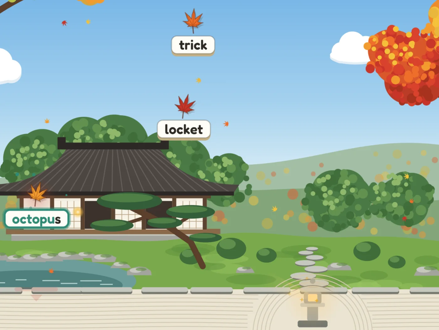 Zen: maple leaves carry words down over an autumn temple garden toward a stone lantern.